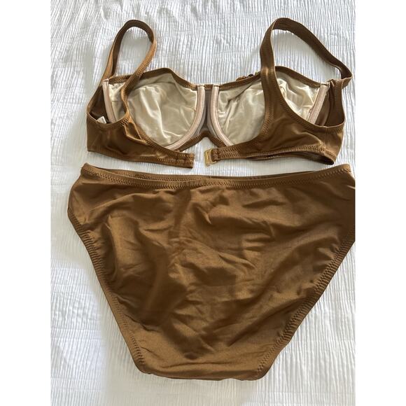 DKNY Brown Bikini Embellished Full Coverage Old Money Resort Beach Pool Size 10 - Picture 4 of 8